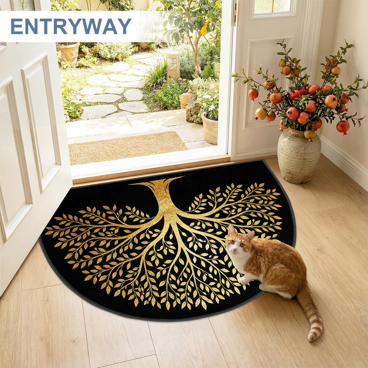LEIWEIHOPE Golden Tree of Life Half Round Door Mat 24"x35.5" Low-Pile Ares Rug Non-Slip Absorbent Entrance Mat for Indoor Outdoor Front Door Semicircle Floor Mat for Kitchen Bathroom