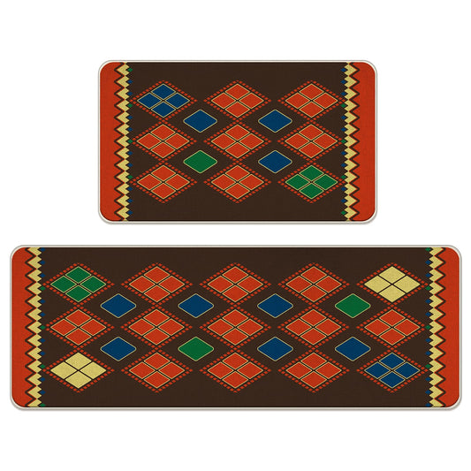 Livcoz Colorful Geometric Kitchen Rugs Set of 2, Vintage Ethnic Argyle Floor Mats Home Decor, Retro Door Mat Decorations - 17x29 and 17x47 Inches