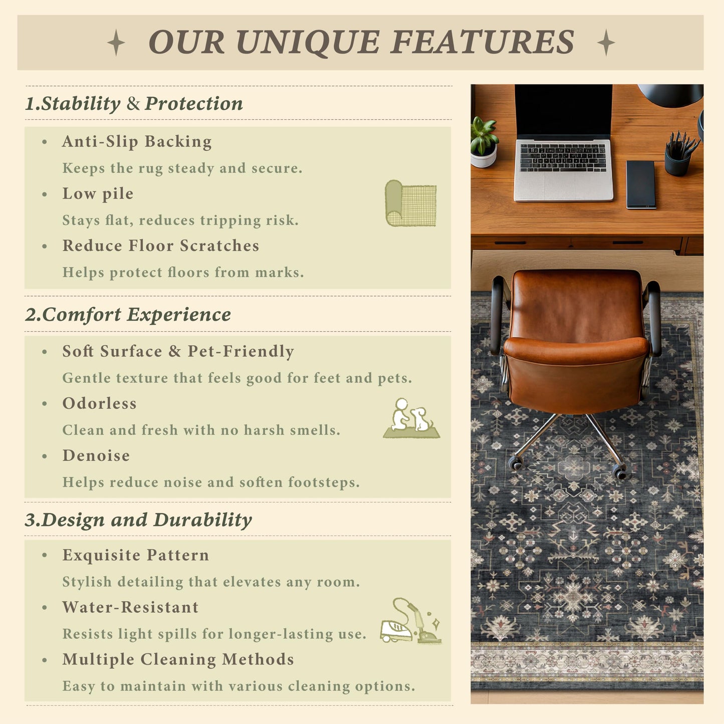 3x4 Black Boho Office Chair Mat for Hardwood Tile Floor - Ultra-Soft Low Pile Desk Rug with Non-Slip Backing, 36''x48'' Machine Washable Area Rug and Floor Protector for Rolling Computer Chair Mat