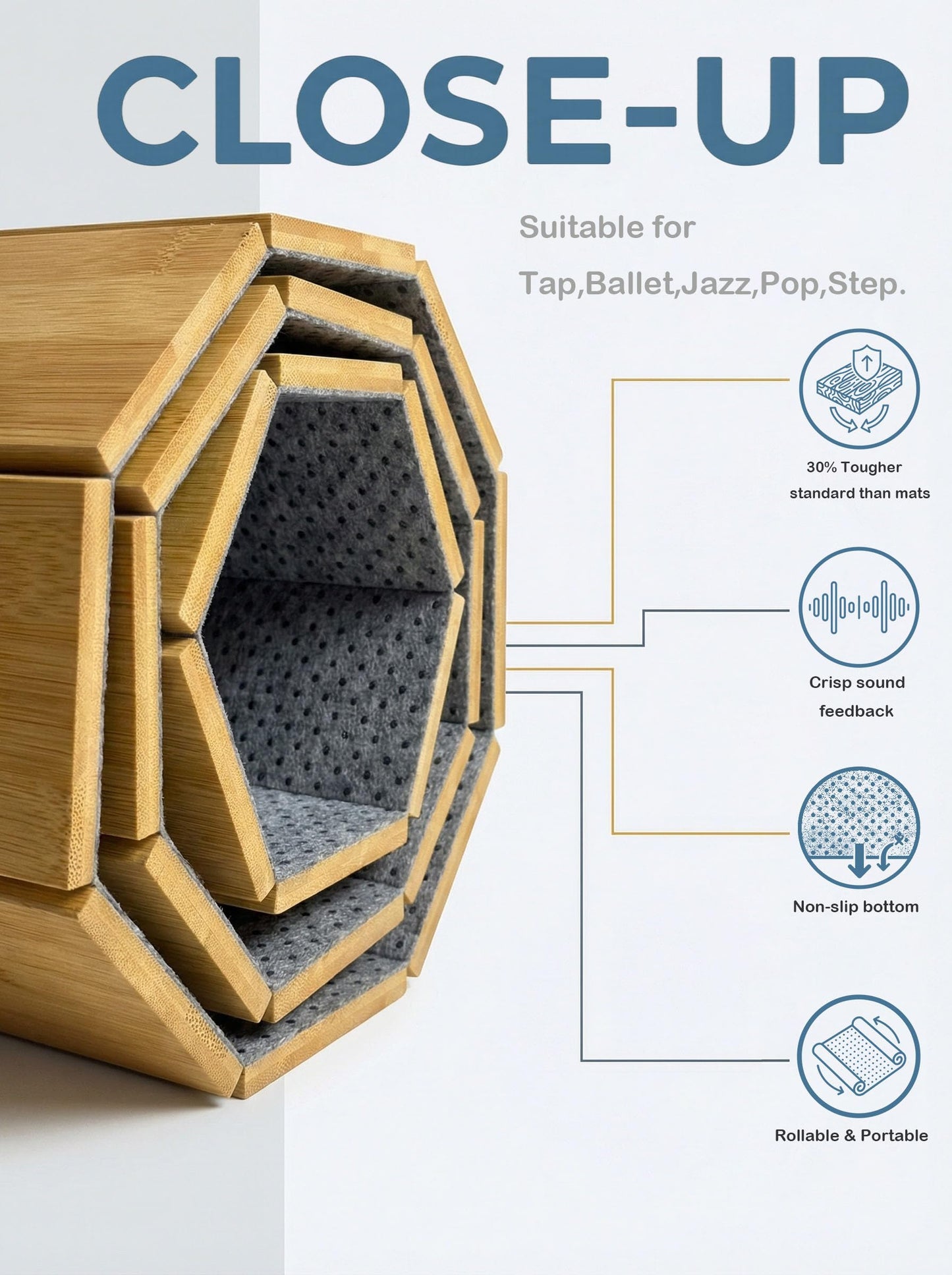 Glidemax Portable Bamboo Tap Dance Floor Mat - 48.2"x38.5" Large Reversible Practice Floor with Storage Bag, Non-Slip & Sound Enhanced for Home, Studio, Outdoor Use on Any Surface