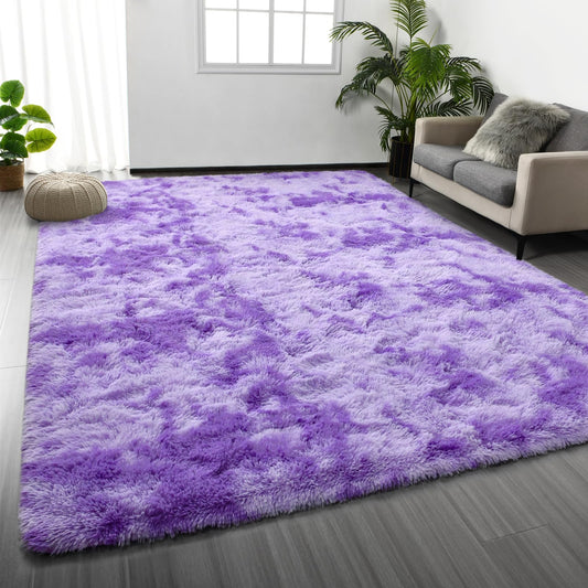 Deerhoo Soft Modern Shaggy Fluffy Carpets for Living Room Bedroom Girls Room Nursery Home Decor, 4 X 6 Tie-Dyed Plush Fuzzy Rugs, Indoor Carpet Shag Area Rug for Kids Room, Purple