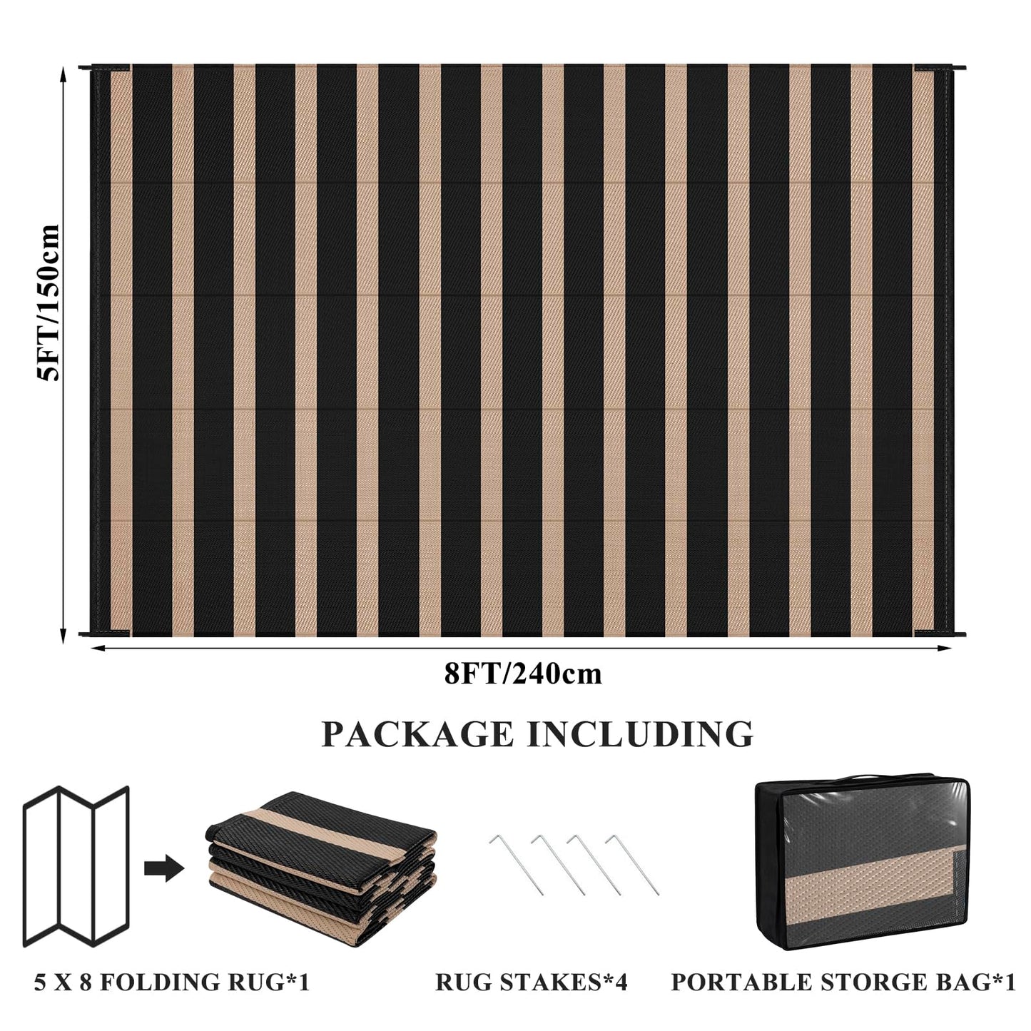 Vaukki Waterproof Outdoor Rug 5x8, Reversible Striped Patio Rug, Lightweight Plastic Straw Camping Mat, Indoor Outdoor RV Carpet for Outsides, Patio, Camping, Balcony, RV and Deck, Black and Beige