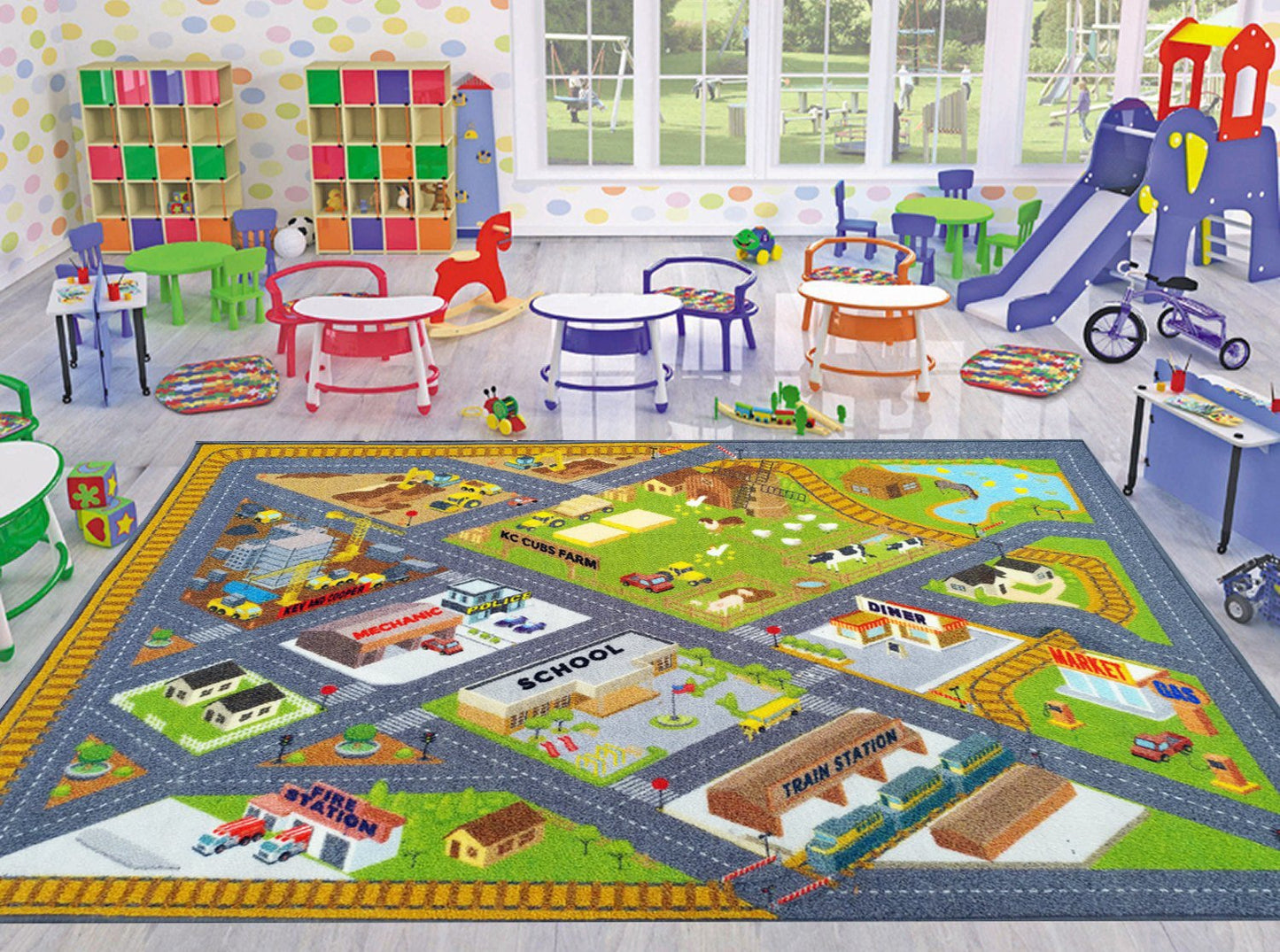 KC Cubs: Educational Rug: Country Farm Construction Road Map – 8x10' Playmat - Interactive Car Route, Area Carpet, Bedroom-Classroom, Baby-Toddler-Kid