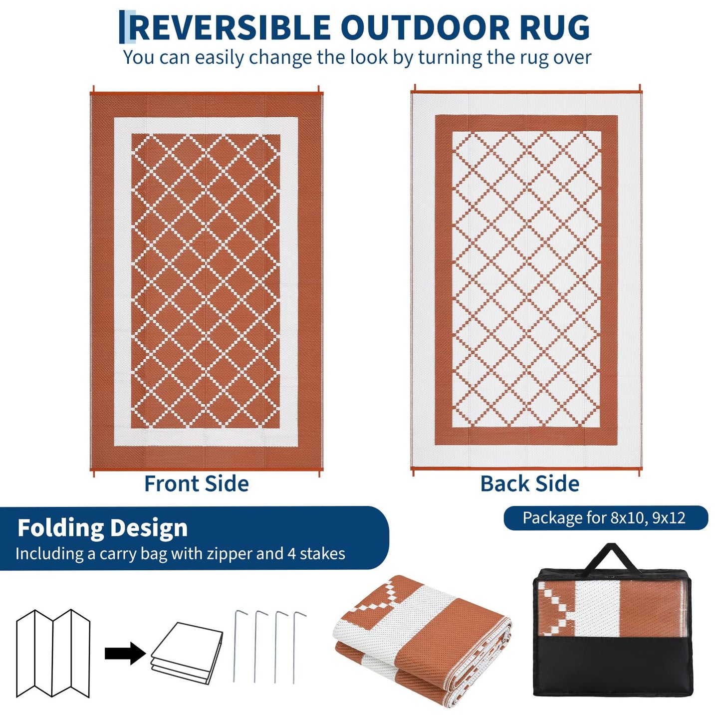 MilleLoom 9x12 Outdoor Rug Waterproof Foldable Plastic Straw Carpet for Patio Porch Modern Geometric Reversible Mat Lightweight Floor Mat for Picnic, Backyard, Rv, Beach, Deck, Camper, Balcony，Orange