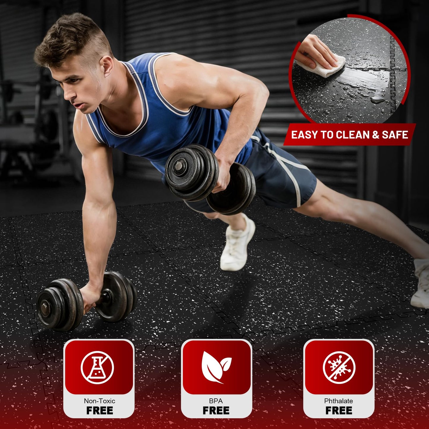 HOTMVP Interlocking Exercise Equipment Mats, 0.56" Thick 12 Tiles (48 Sq Ft) - Rubber Top Gym Flooring with High Density EVA Foam, Heavy Weight Workout Mats for Home GymFloor Protection,Black/White