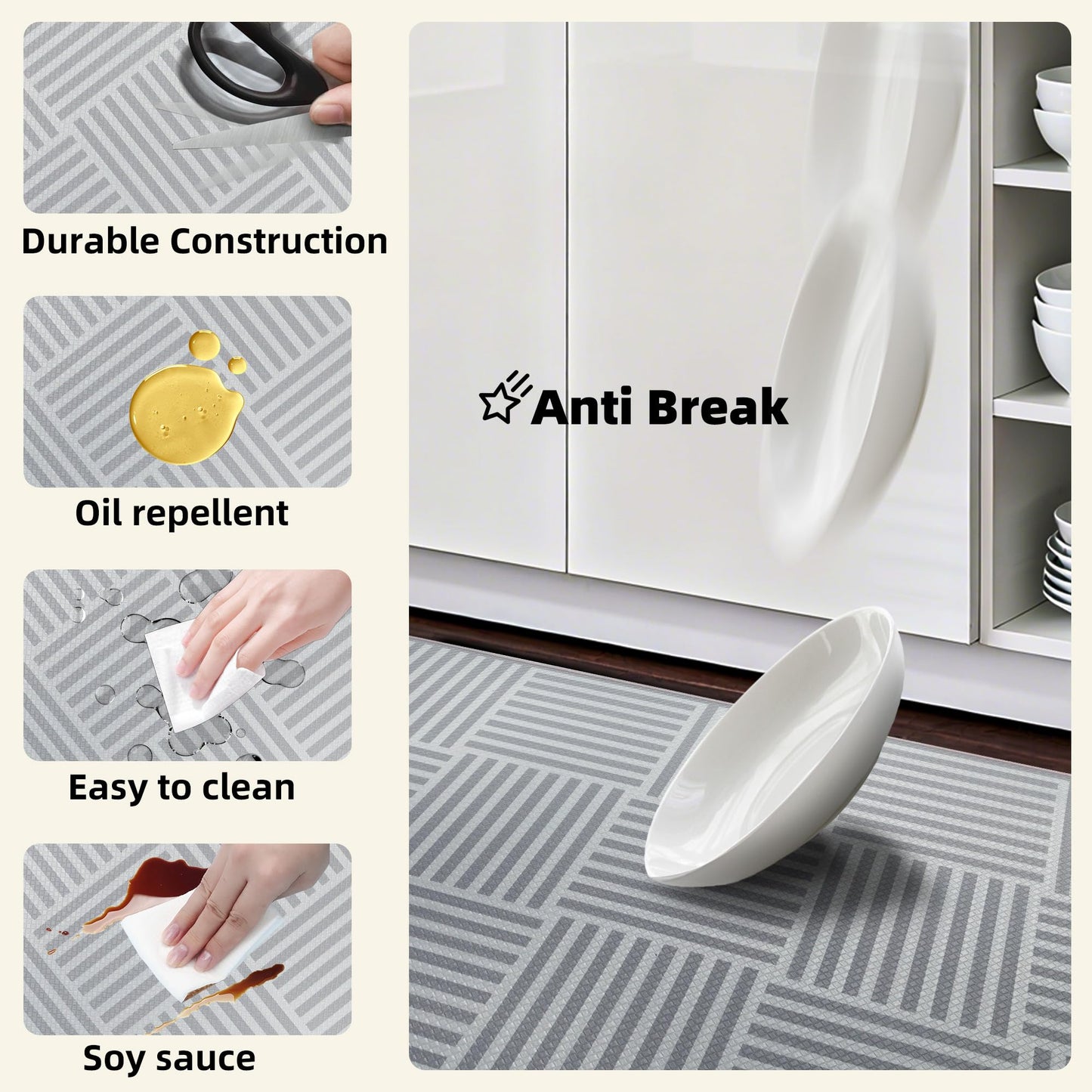 Kitchen Mats For Floor 2 Piece Cushioned Anti Fatigue Kitchen Plaid Rugs Set Non Slip Waterproof Comfort Foam Standing For Laundry,Desk,Office,Bathroom,Apartment Decor,17.3"X29"+17.3"X47",Grey
