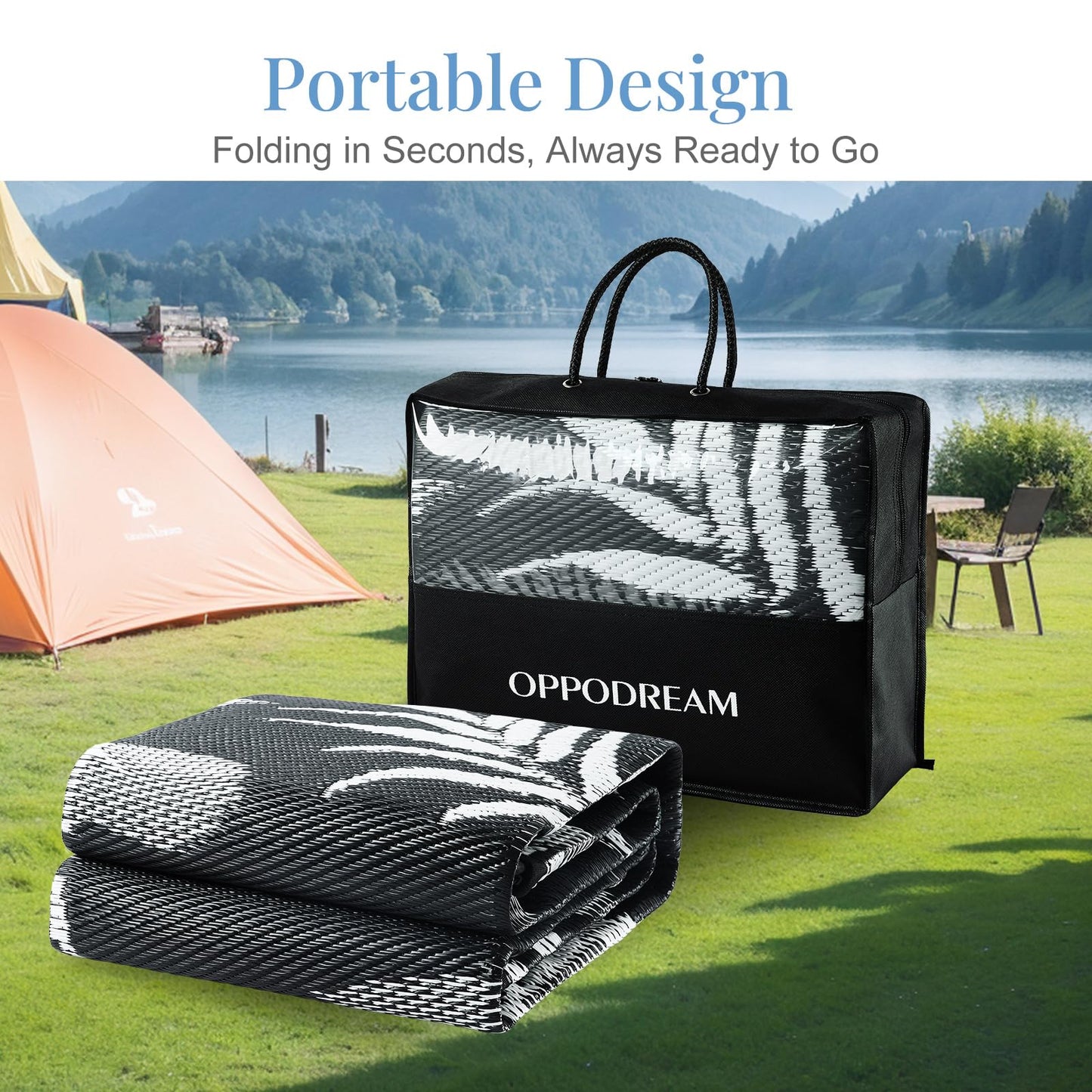 OPPODREAM Reversible Outdoor Rug 8x10, Waterproof Outdoor Plastic Straw Rug for Patio, Tropical Leaf RV Camping Rugs for Outside, Deck, Balcony, Porch, Backyard, Camping, Rv, Black and White