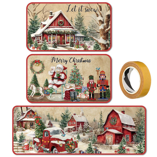 SATINIOR 3 Pcs Christmas Kitchen Rugs and Mats Set Vintage Winter Floor Mat Non Slip Washable Nutcracker Santa Claus Red Truck Doormat Christmas Kitchen Decor for Home Bath Office Party Holiday Decor