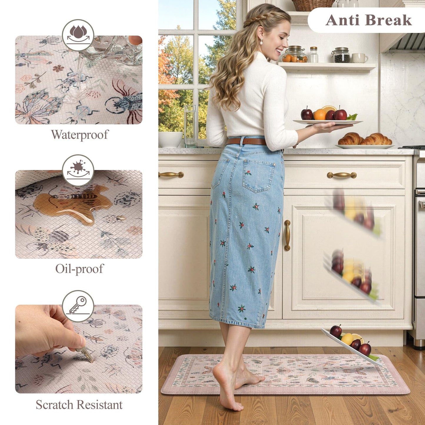 LEEVAN Anti Fatigue Mats for Kitchen Floor Non-Slip, Cushioned Kitchen Mats for Floor 2 Piece, Pink Memory Foam Kitchen Mat Set, Waterproof Ergonomic Standing Mat for Bar, Office,Desk, Laundry