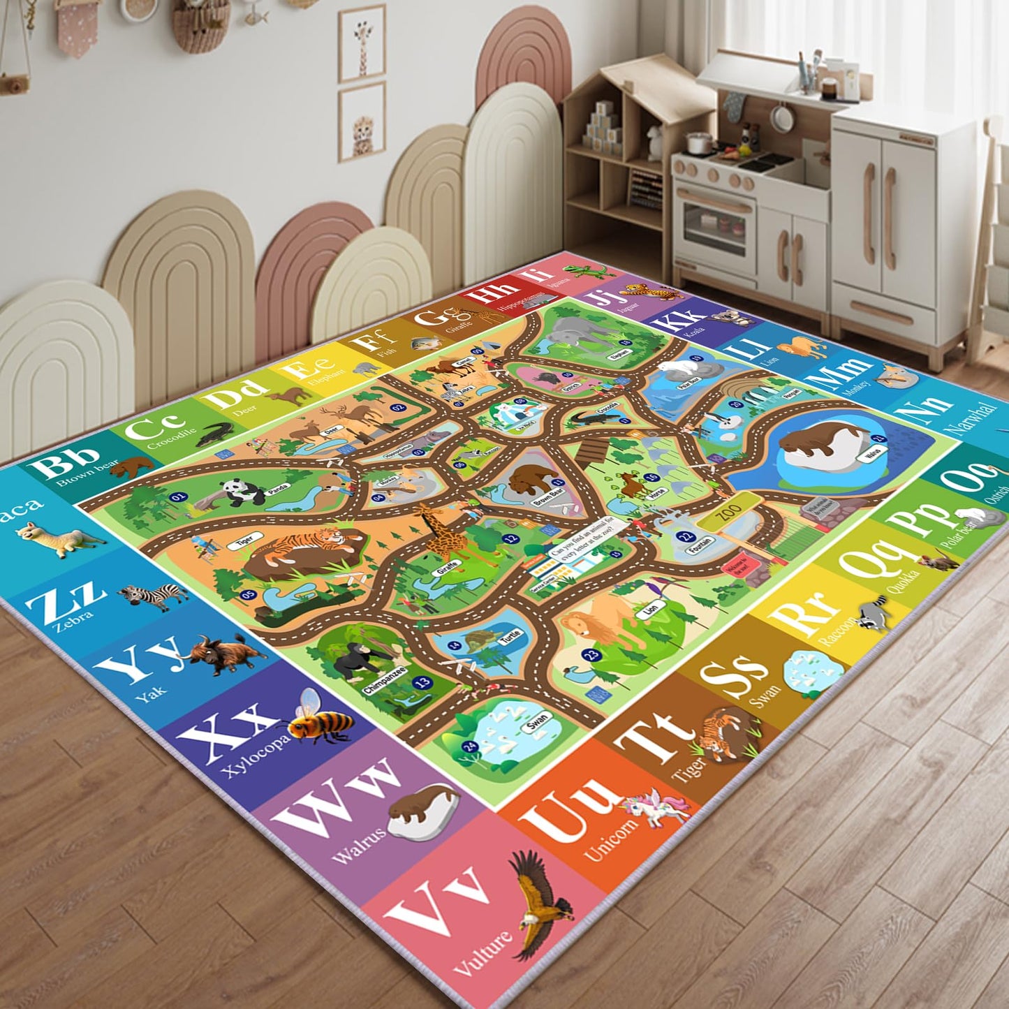 MOFAZEE Zoo map Carpet, 2'8"×4' English Letter Carpet, Washable ABC Rug for Kids Room, Non-Slip Alphabet Play Mat with Animal Illustrations, for Classrooms/Home Learning Areas