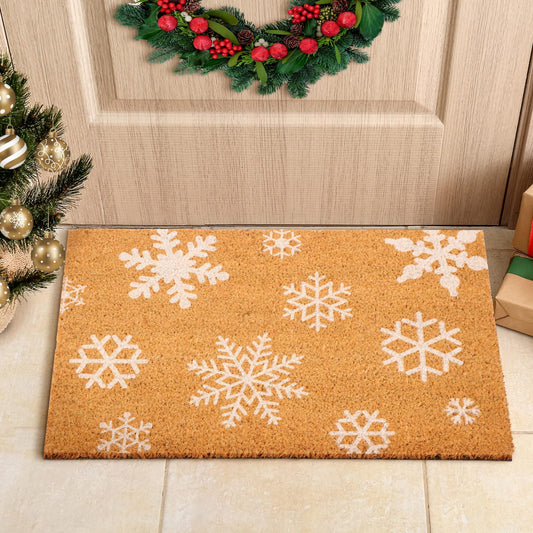 Duraaamo Winter Coir Doormat Winter Snowflake Welcome Door Mat Christmas Snowflake Doormat Non Slip Floor Mats for Porch Front Floor Entryway Decor, 24 x 16 Inch