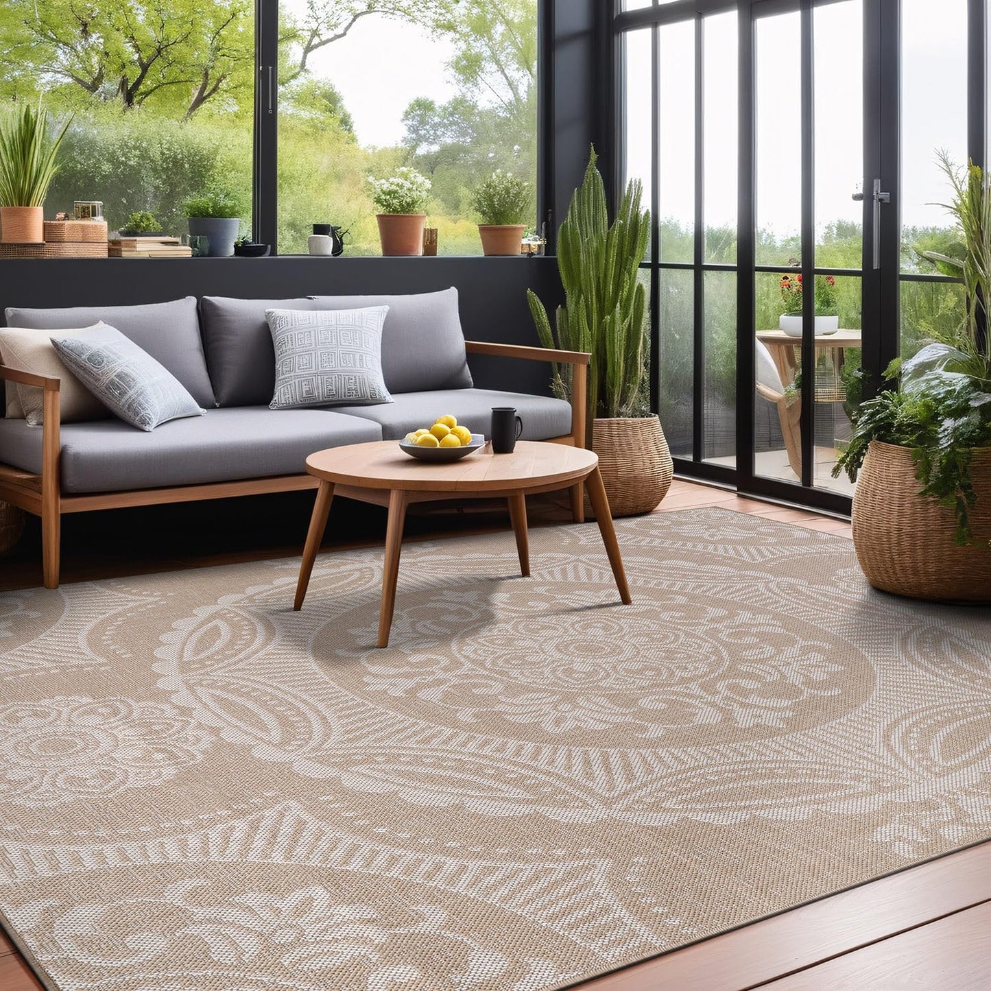 Luul Home Medallion Outdoor Rug 5x7 Washable Outside Carpet for Indoor Patio Porch Waterproof Easy Cleaning Non Shedding Area Rugs Beige 5 x 7