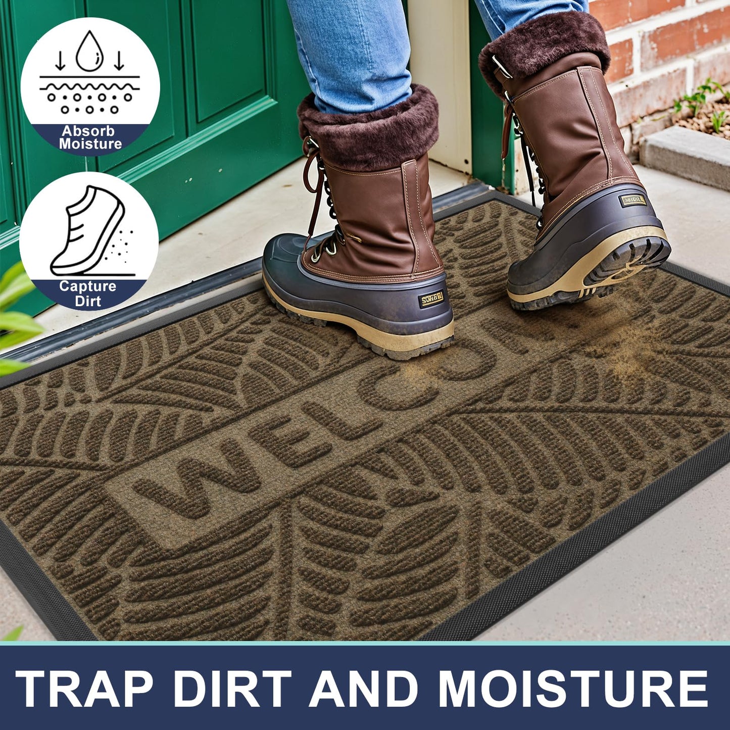 Smiry Welcome Mat Indoor Outdoor, All-Season Waterproof Front Door Mat, Sturdy Natural Rubber Doormat, Non-Slip, Easy Clean, Low Profile Dirt Trapper for Porch Patio Entrance, 29.5x17, Brown