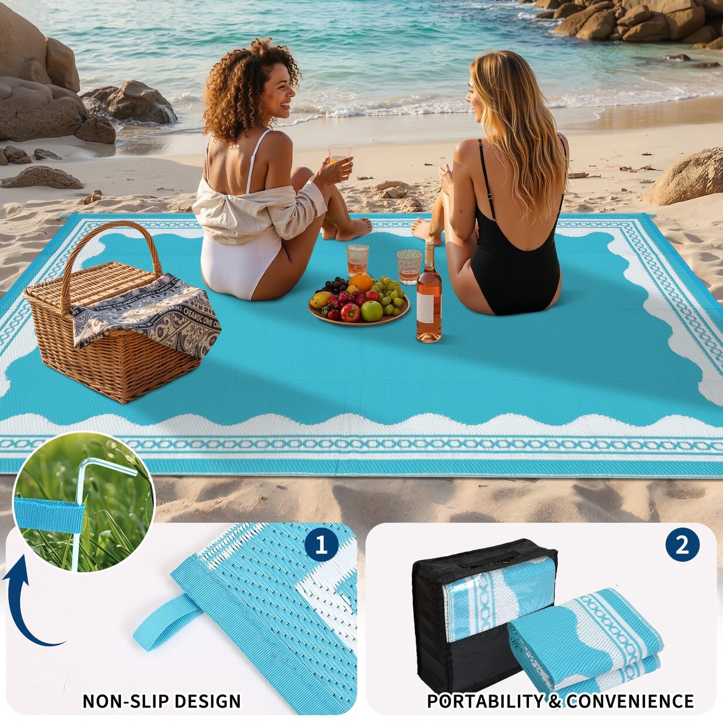 GarveeHome Outdoor Rug 8x10 Patio Waterproof, Reversible Plastic Straw Rugs for Camping, Picnic, Balcony, Porch, RV, Easy-Clean & Quick Dry Scalloped Pattern Large Indoor Outdoor Carpet, Light Blue