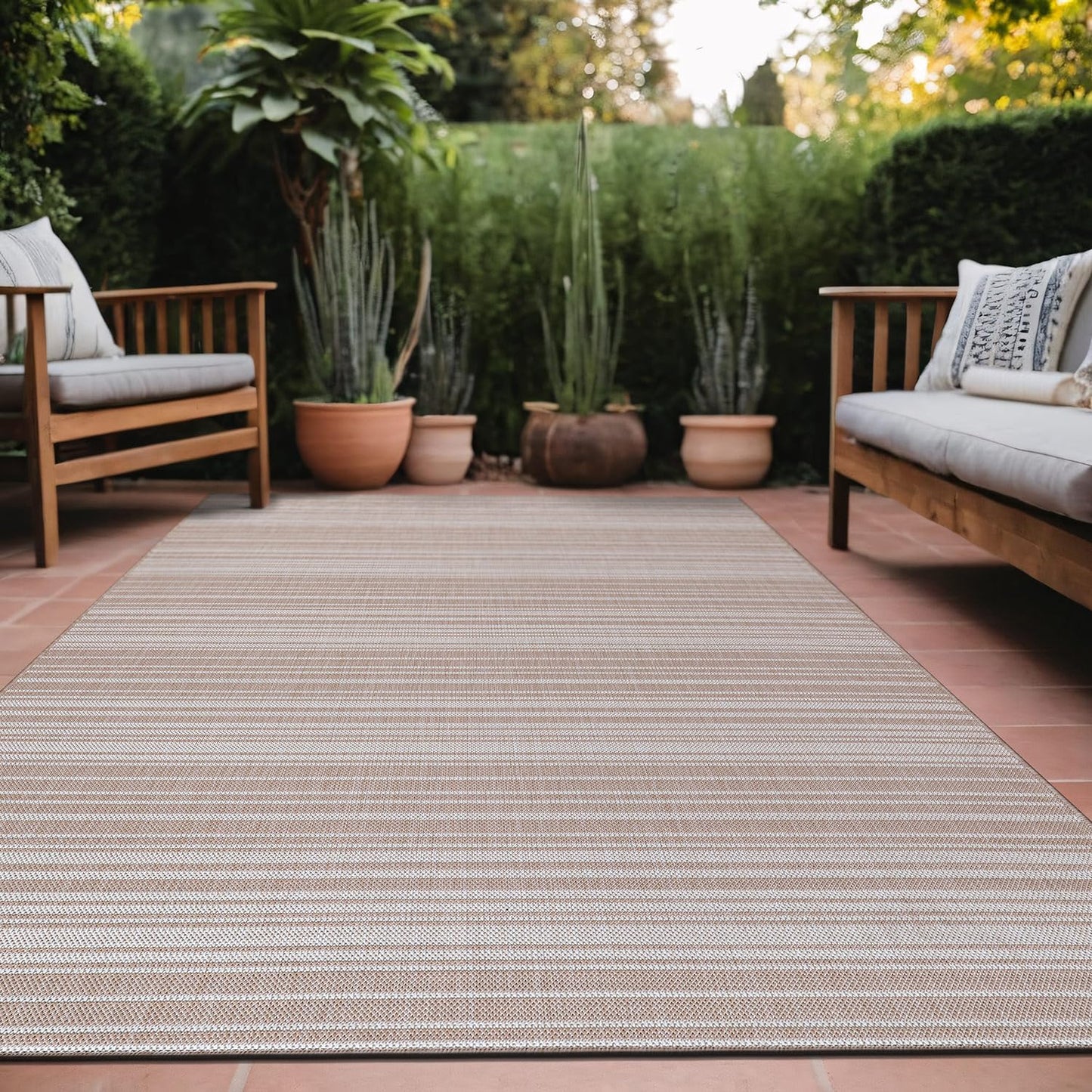 Luul Home Stripe Outdoor Rug 6x9 Washable Outside Carpet for Indoor Patio Porch Waterproof Easy Cleaning Non Shedding Area Rugs Beige 6 x 9