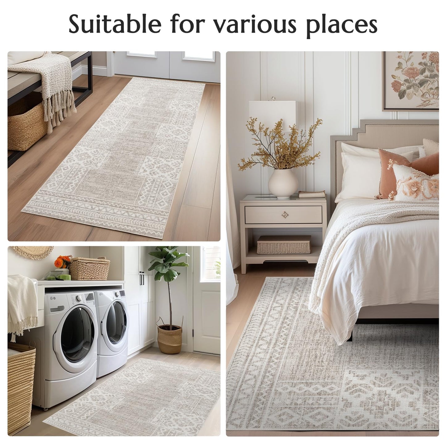 jinchan Area Rug 4x6 Ultra-Thin Washable Vintage Boho Geometric Entryway Rug Non-Slip Non-Shedding Carpet for Living Room Bedroom Brown Ivory