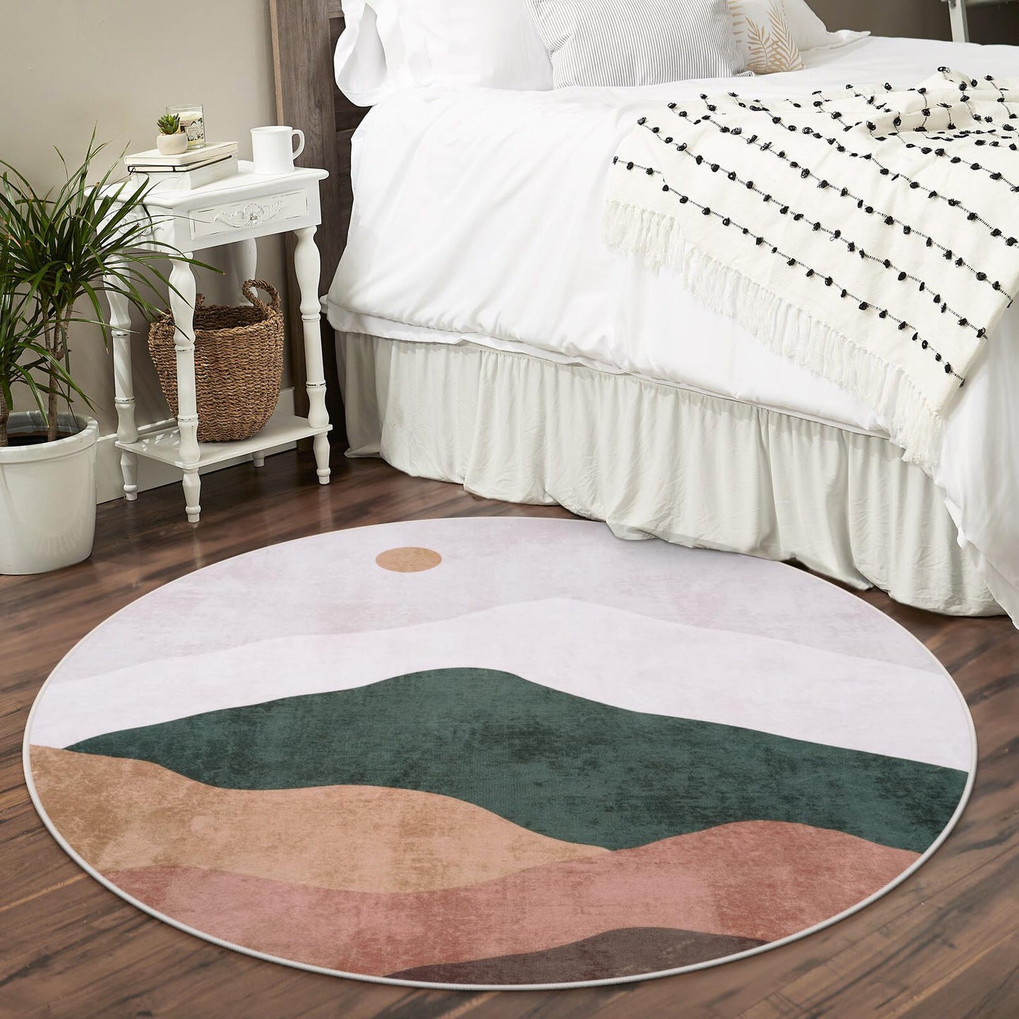 Sungea 4ft Abstract Round Rug,Soft Washable Non-Slip Sun and Mountain Circle Kids Room Rugs,Chic Faux Wool Low-Pile Circular Throw Rugs for Entryway/Bedroom/Nursery/Living Room/Bathroom(Grey)