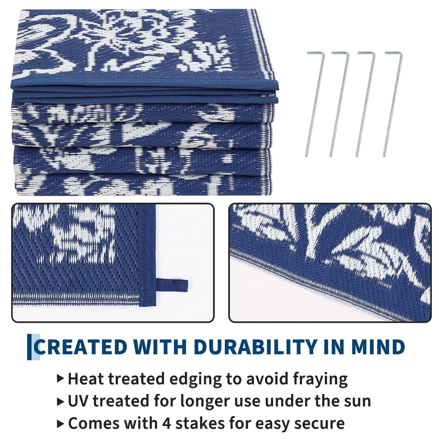 GarveeHome Outdoor Rug 9x18 Patio Waterproof, Reversible Plastic Straw Rugs for Camping, Picnic, Balcony, Porch, RV, Easy-Clean & Quick Dry Floral Pattern Large Indoor Outdoor Carpet, Dark Blue