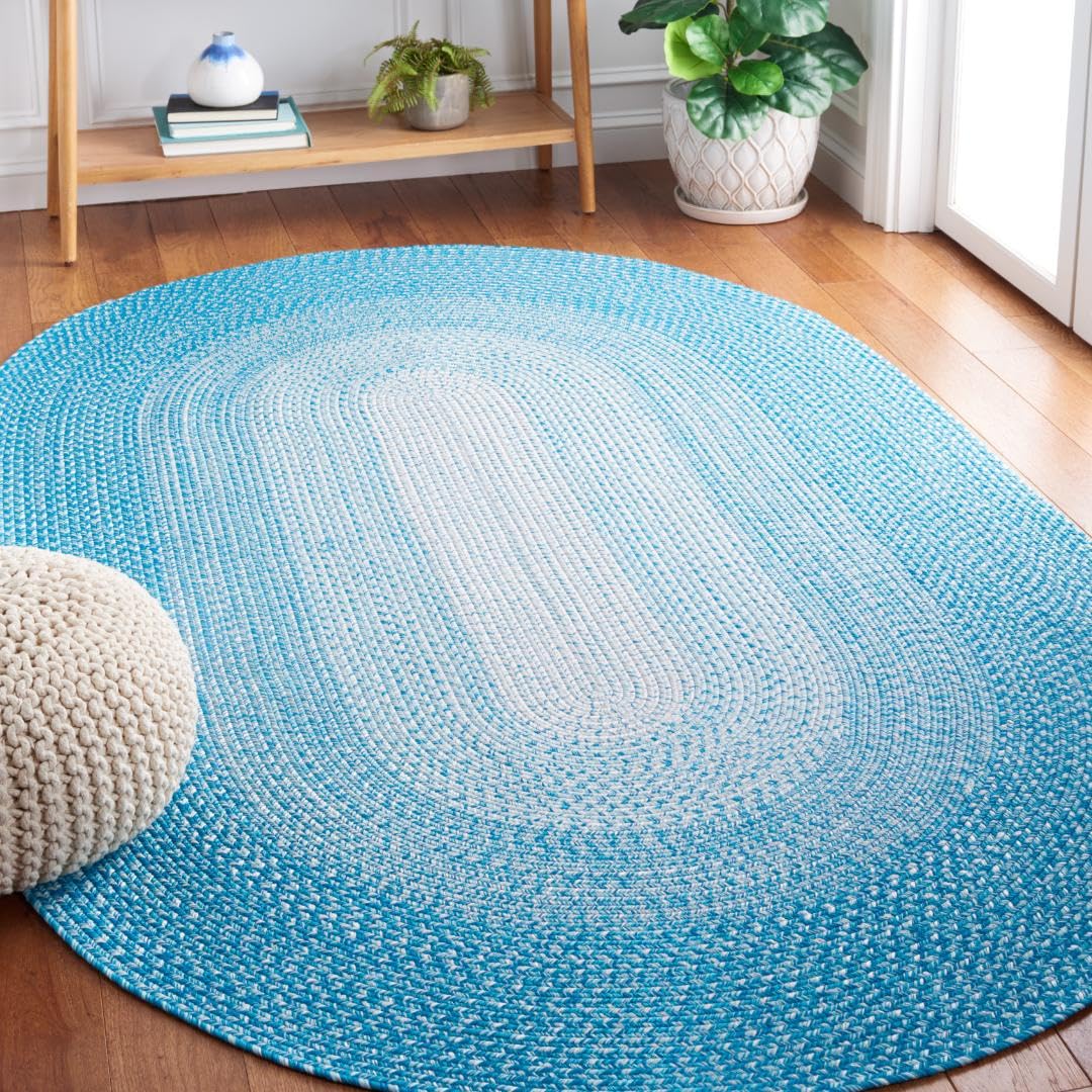 SAFAVIEH Washable Rug Outdoor Braided Collection - 4' x 6' Oval, Aqua, Handmade & Reversible, Non-Shedding & Easy to Clean, Ideal for Patio, Backyard, Mudroom (BRA220J)