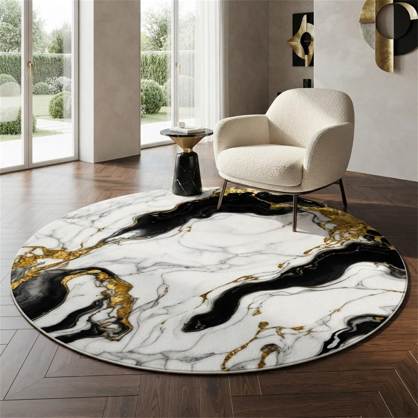 Round Area Rug 5ft Modern Abstract Marble Texture Indoor Rugs for Livingroom Bedroom Lux Black Cream Gold Circle Rug Machine Washable Non Skid Thin Soft Large Carpet Nursery Dorm Kitchen Floor Mats