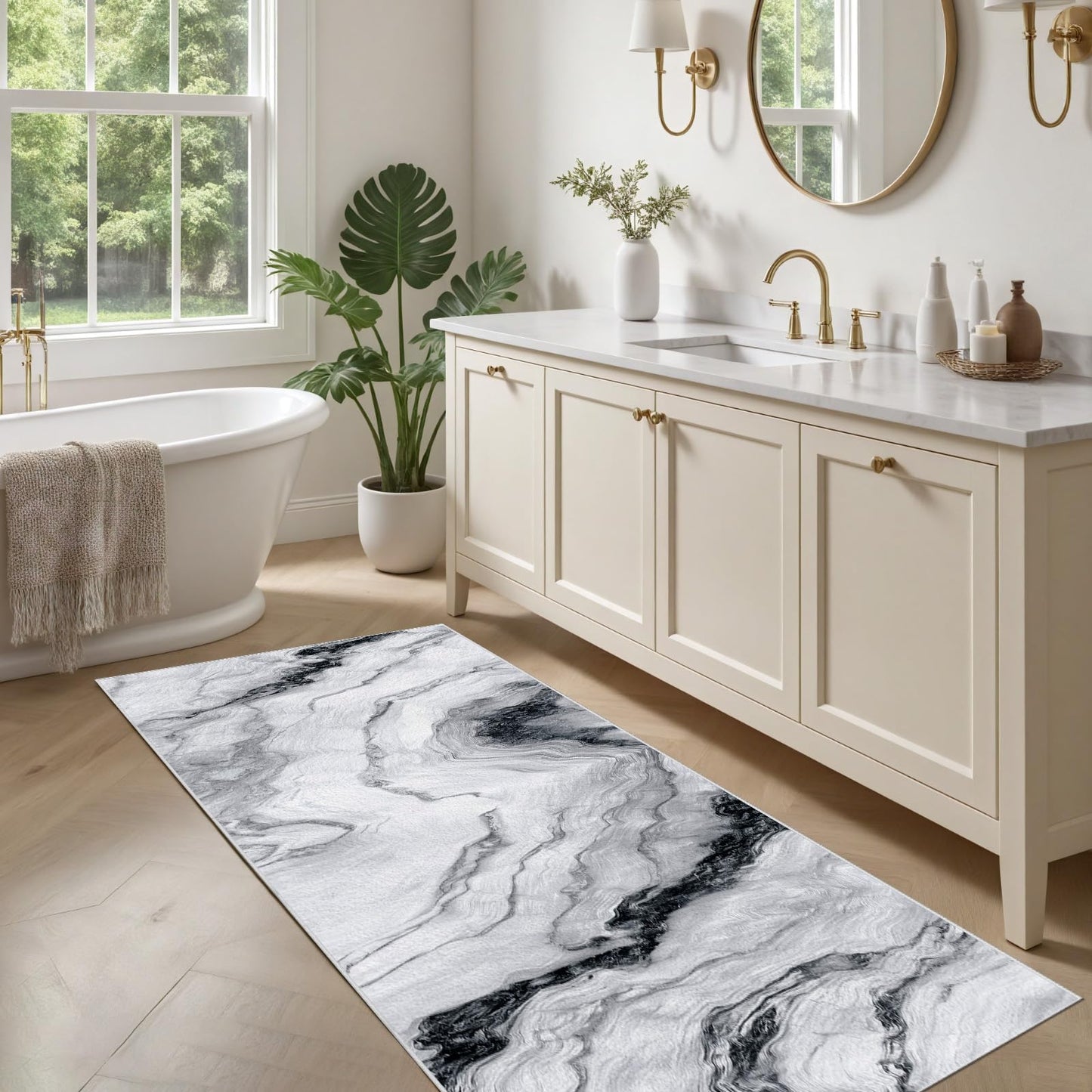 Marble Swirl Runner Rug Non Slip, Minimalist Gray White Carpet Runners for Hallway 2x8 ft, Modern Abstract Marble Throw Rugs Washable Kitchen Rug Floor Mat Rugs for Bathroom Laundry Room Entryway