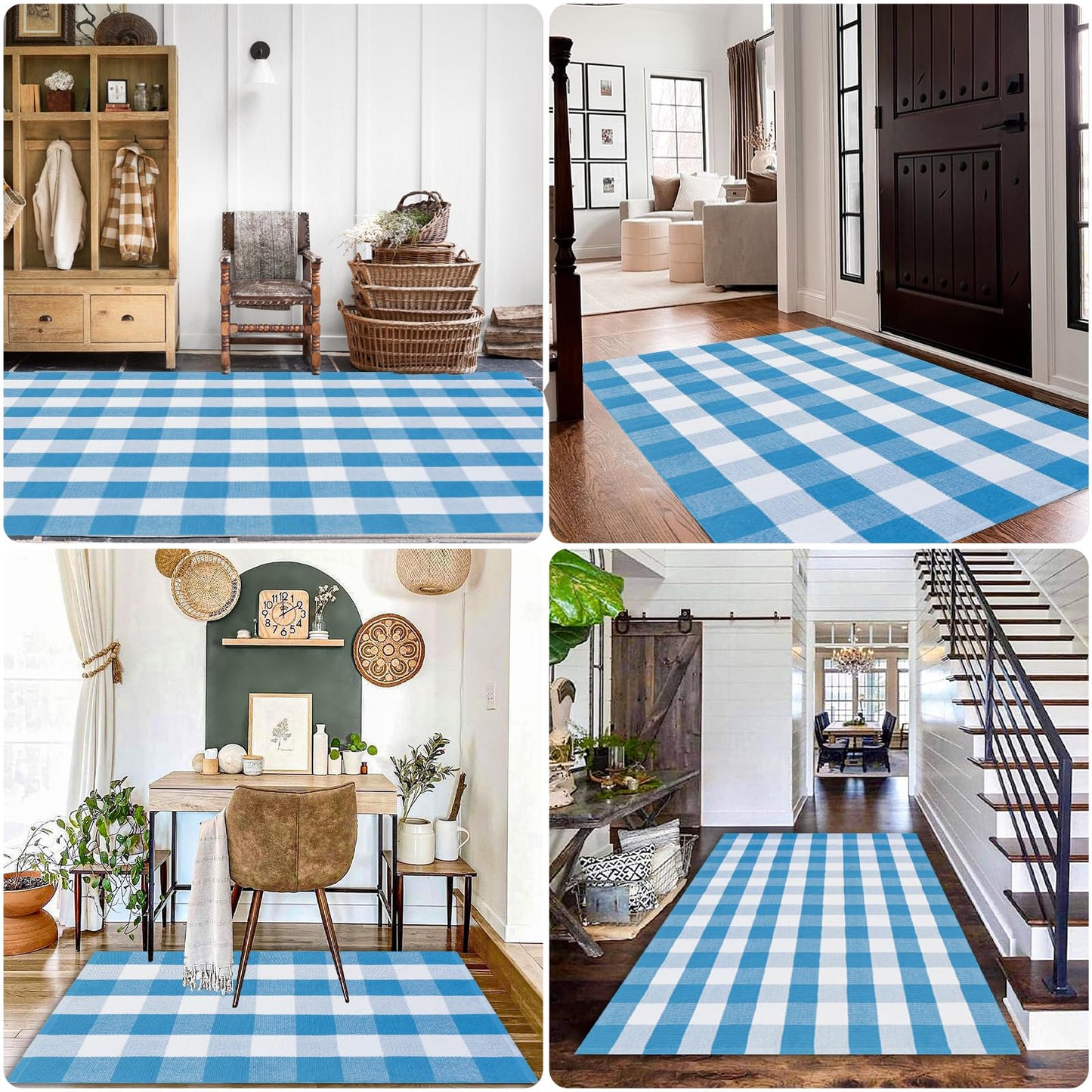 Fallovea Spring Rugs Blue and White Plaid, 28” x 43” Area Rug Outdoor Indoor Summer Front Porch Doormat Cotton Hand-Woven Layered Door Mats for Entryway Patio Entryway Laundry Bedroom