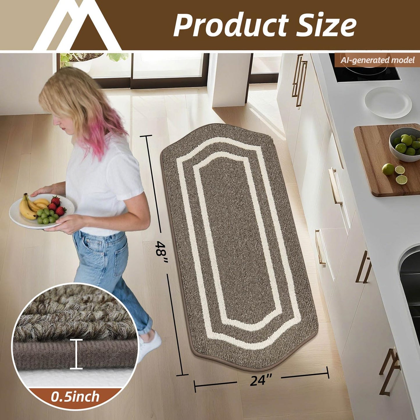 COSY HOMEER Long Kitchen Floor Mats for in Front of Sink Super Absorbent Kitchen Rugs and Mats 24"x48" Non-Skid Kitchen Mat Standing Mat Washable,Polypropylene,Brown,Frame