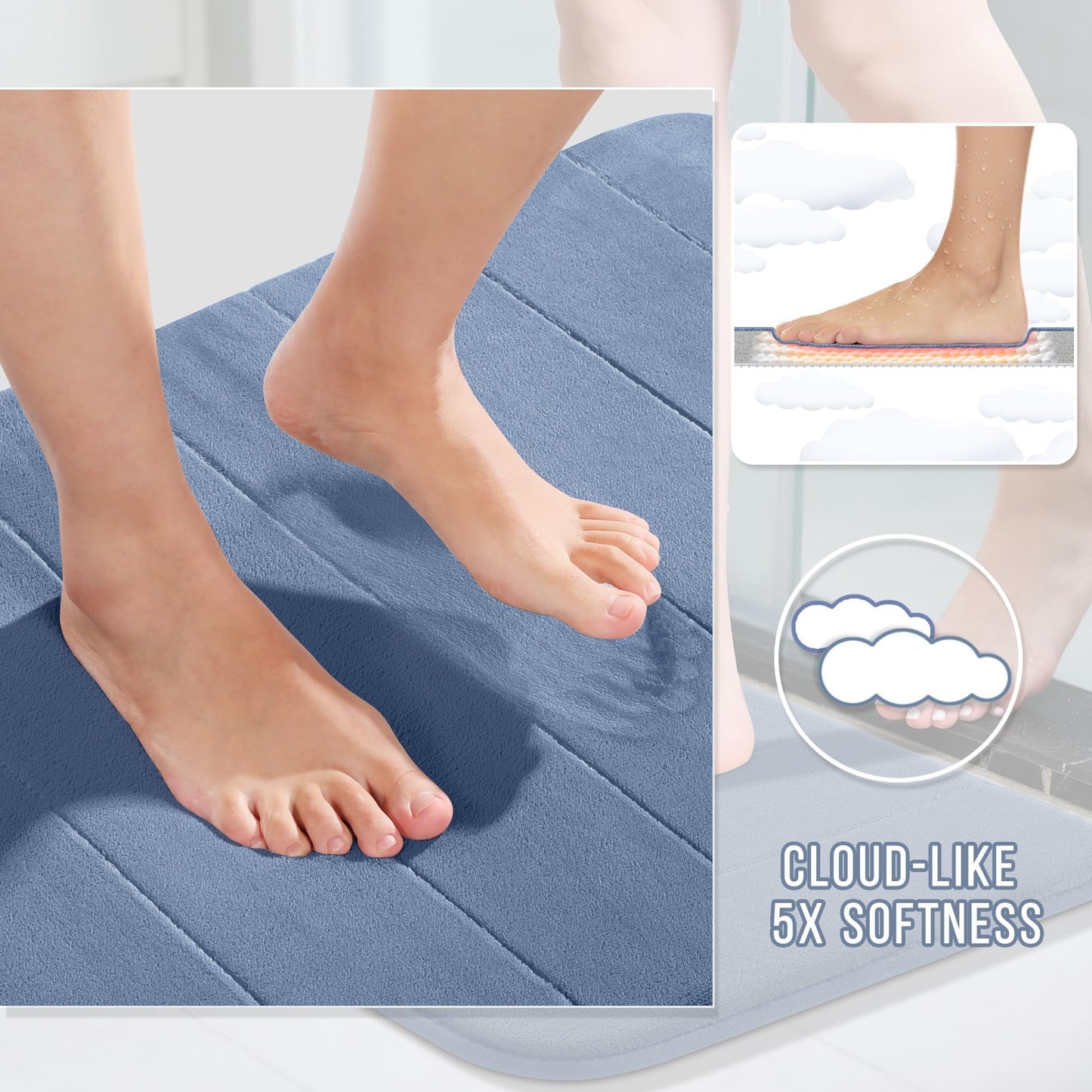 Yimobra Memory Foam Bathroom Rugs Sets 2 Piece - Super Soft Absorbent Quick Dry Bath Mat Set, Machine Washable Non Slip Floor Carpet for Tub Shower & Single Sink (17x24 & 31.5x20 Inch, Denim Blue)