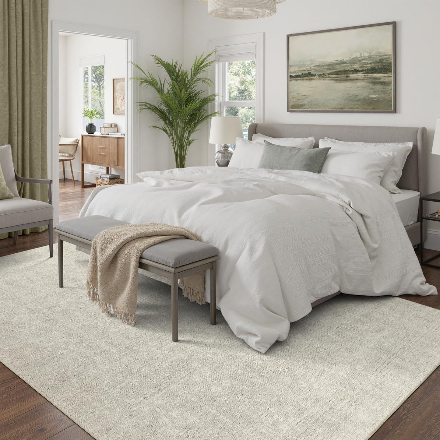 DCX 5x7 Beige Rug, Kid & Pet Friendly with Rubber Back Non Slip, Machine Washable Stain Resistant Neutral Floral Rug for Living Room, Bedroom, Home Office, Soft Low Pile Large Nursery Carpet