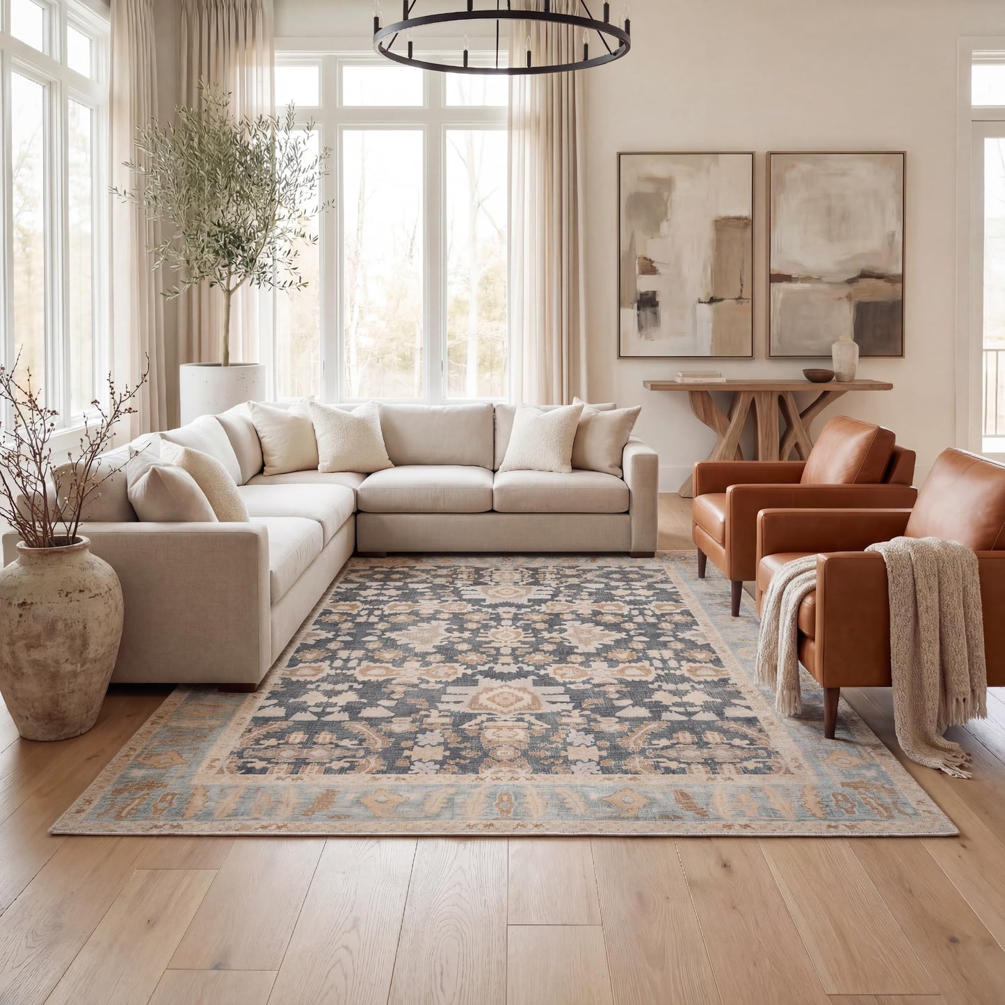 Kuden 6x9 Area Rug, Machine Washable Area Rug with Non-Slip Backing, Vintage Style, Soft, Easy Clean, Low Pile Rug for Living Room, Bedroom, Dining Room