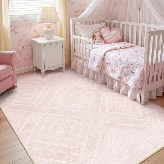 BESTSWEETIE Area Rug 5x7 Rug Machine Washable Non-Slip Low Pile Print Pattern Western Rug for Living Room Bedroom Entryway Tribal Series -Light Pink/Cream