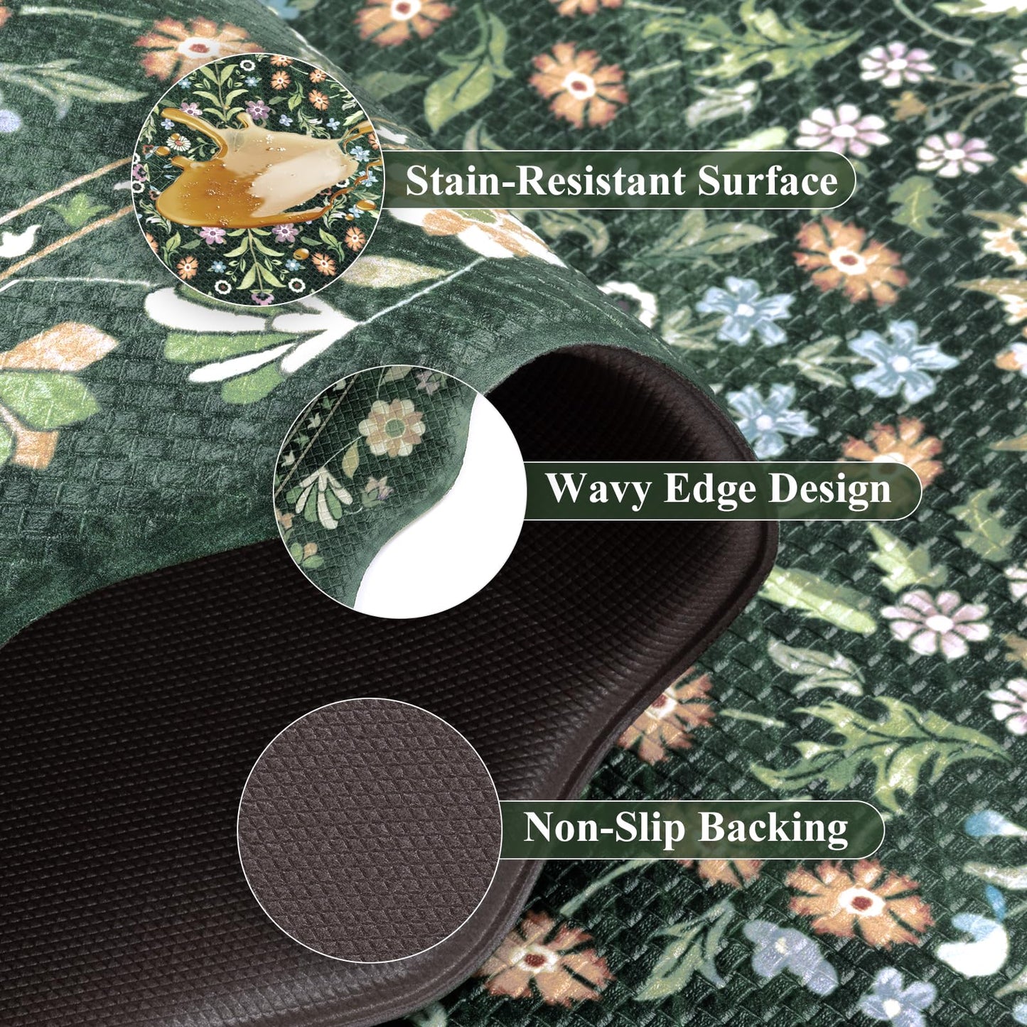 Yamaziot Anti Fatigue Kitchen Rugs Set of 3 - Boho Non Slip Waterproof Kitchen Mats for Floor, Boho Runner Rug for Kitchen Floor, Laundry, Office, 17.3"x29"+17.3"x35"+17.3"x47", Green & Black