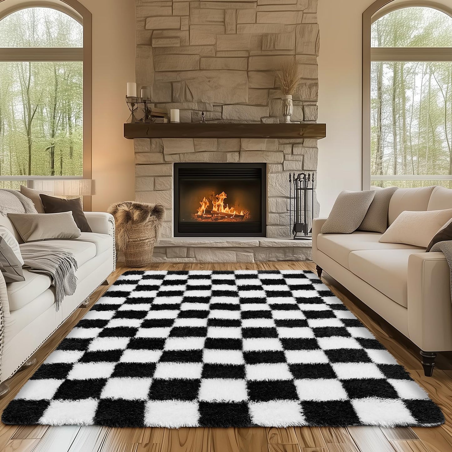 Ecoshag Soft Rugs for Living Room, 5x7 Ft Black and White Checkered Fluffy Shaggy Rugs for Indoor Use, High Pile Ultra Fuzzy Rug for Bedroom Kids Nursery Rooms,Home Decor Aesthetic