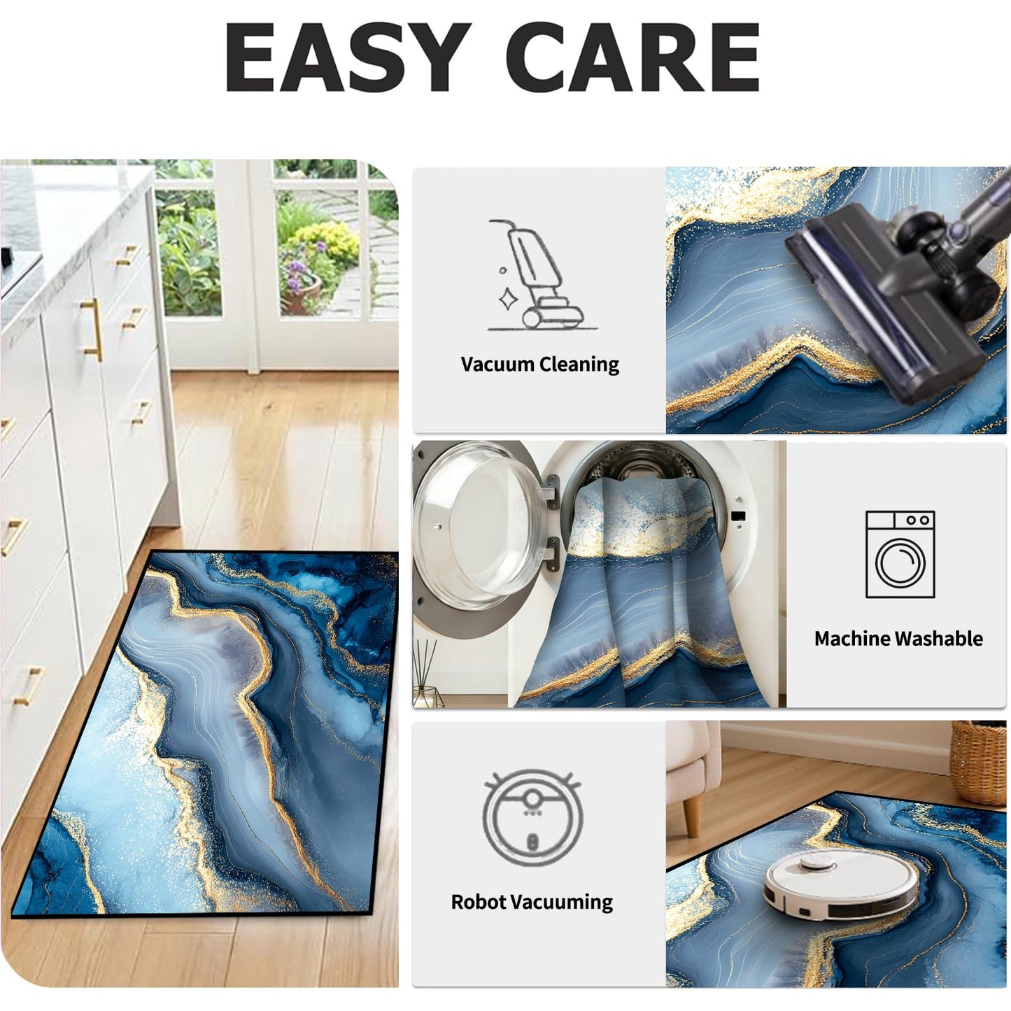 kxry Marble Pattern Area Rug in Blue Gold 4x6 for Bedroom Living Room Dining Room Non Slip Washable Low Pile Rug for Entryway Kitchen Doormat Indoor Floor