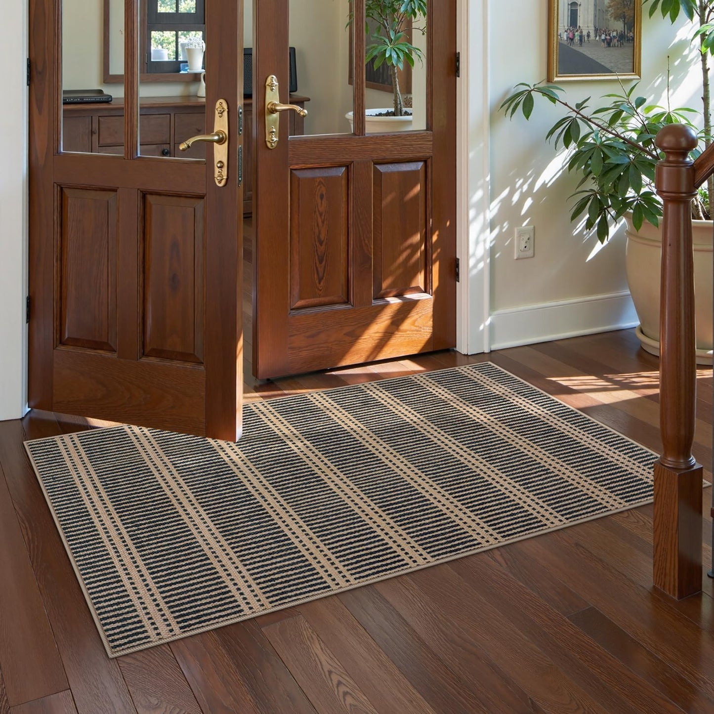 LIVEBOX Easy Jute Indoor Outdoor Rug 3x5 Front Porch, Black Striped Washable Outdoor Rugs for Entryway Living Room, Non Slip Rug Geometric Carpet Door Mat for Entry Front Door, Patio, Kitchen, Bedroom