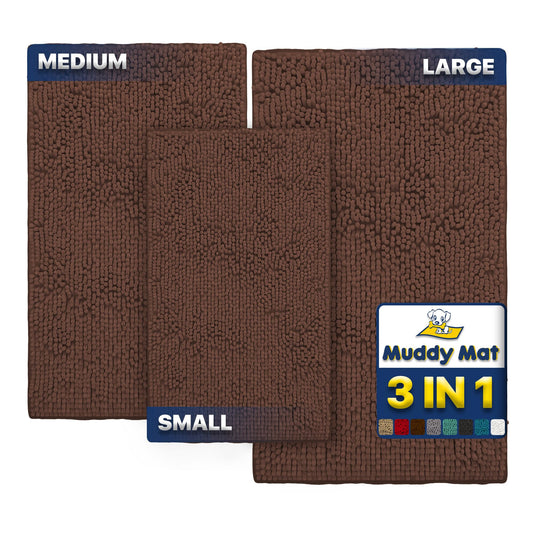 Muddy Mat® Pack of 3 Highly Absorbent Microfiber Dog Door Mat and Pet Rug, Non Slip Thick Washable Area Mat Soft Chenille for Kitchen Bathroom Bedroom and Outdoor - Brown Small, Medium & Large
