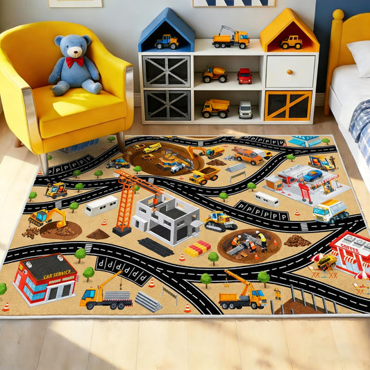 5x7 Ft Construction Site Car Rug Play Mat, Faux Wool Kids Rugs Engineering Car Playmat for Children Toddler, Non Slip City Road Trucks Rug Washable Carpet for Boy Playroom Bedroom Nursery