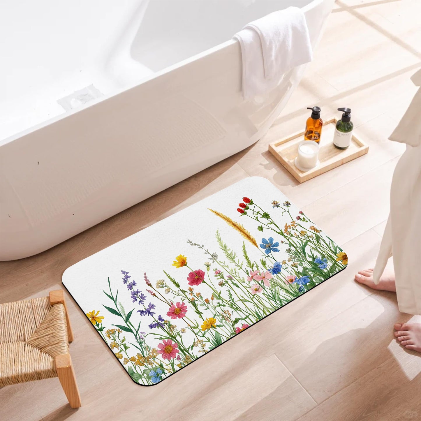 GYYGOO Bath Mats for Bathroom,Spring Wildflower Bathroom Rugs,Rustic Garden Floral Diatomaceous Bath Rug Quick Dry, Non Slip Super Absorbent Low Profile Doormat for Home Kitchen Patio 17 X 29.5 Inch