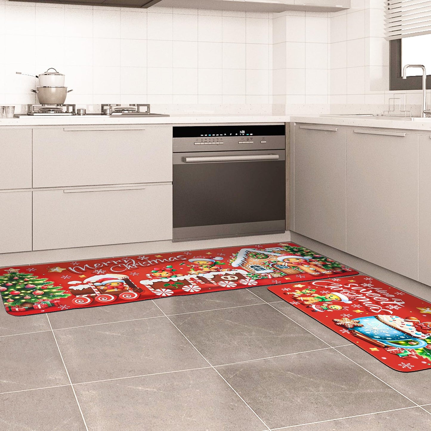 Gingerbread Man Christmas Kitchen Rugs Mats Decorations Set of 2 Winter Holiday Sink Floor Mat Carpet Non Slip Absorbent Funny Kitchen Rug Farmhouse Floor Mat Decor 17x30 and 17x47 Inch