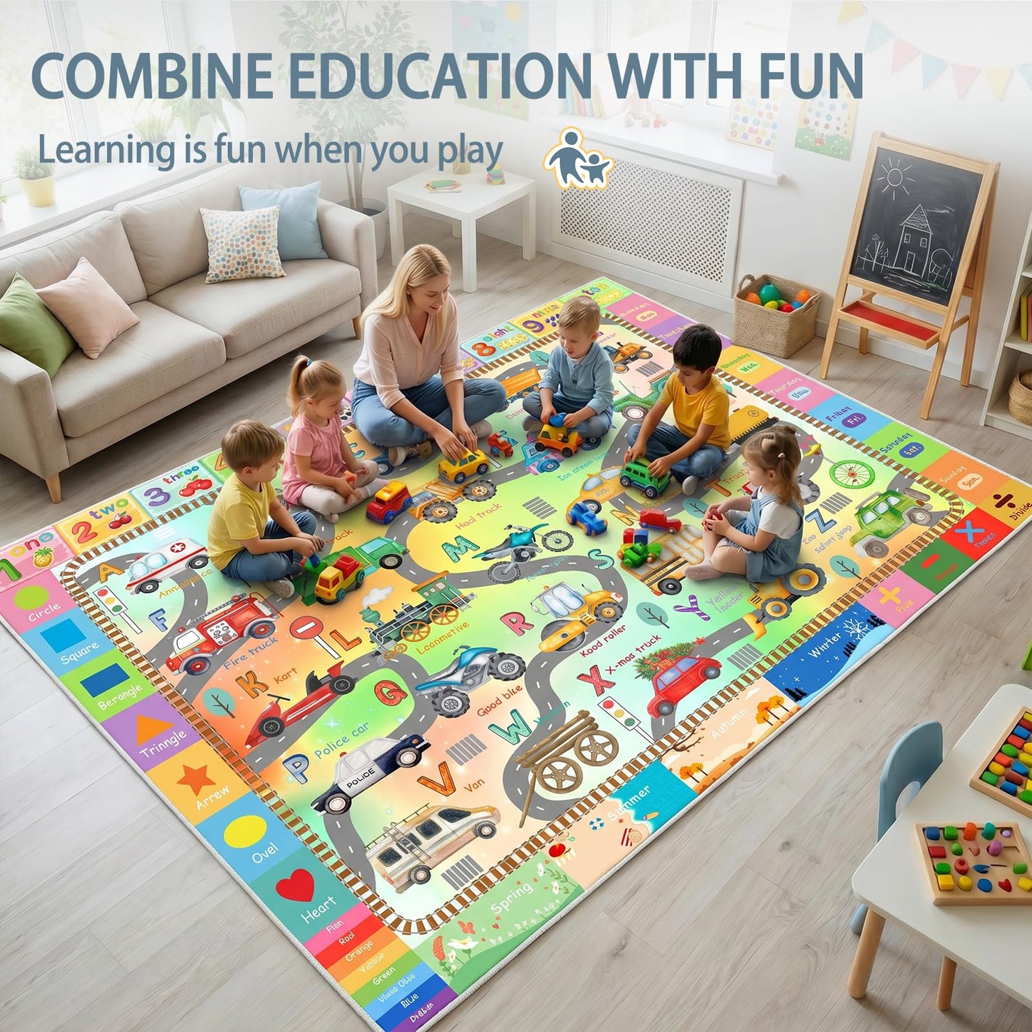 5'x7' ABC Rug for Kids Playroom, Classroom, Nursery, Daycare, Car Rug Play Mat for Children Toddler Girls Boys Bedroom, Educational Kids Carpet for Learning Alphabet, Numbers, Colors, Shapes
