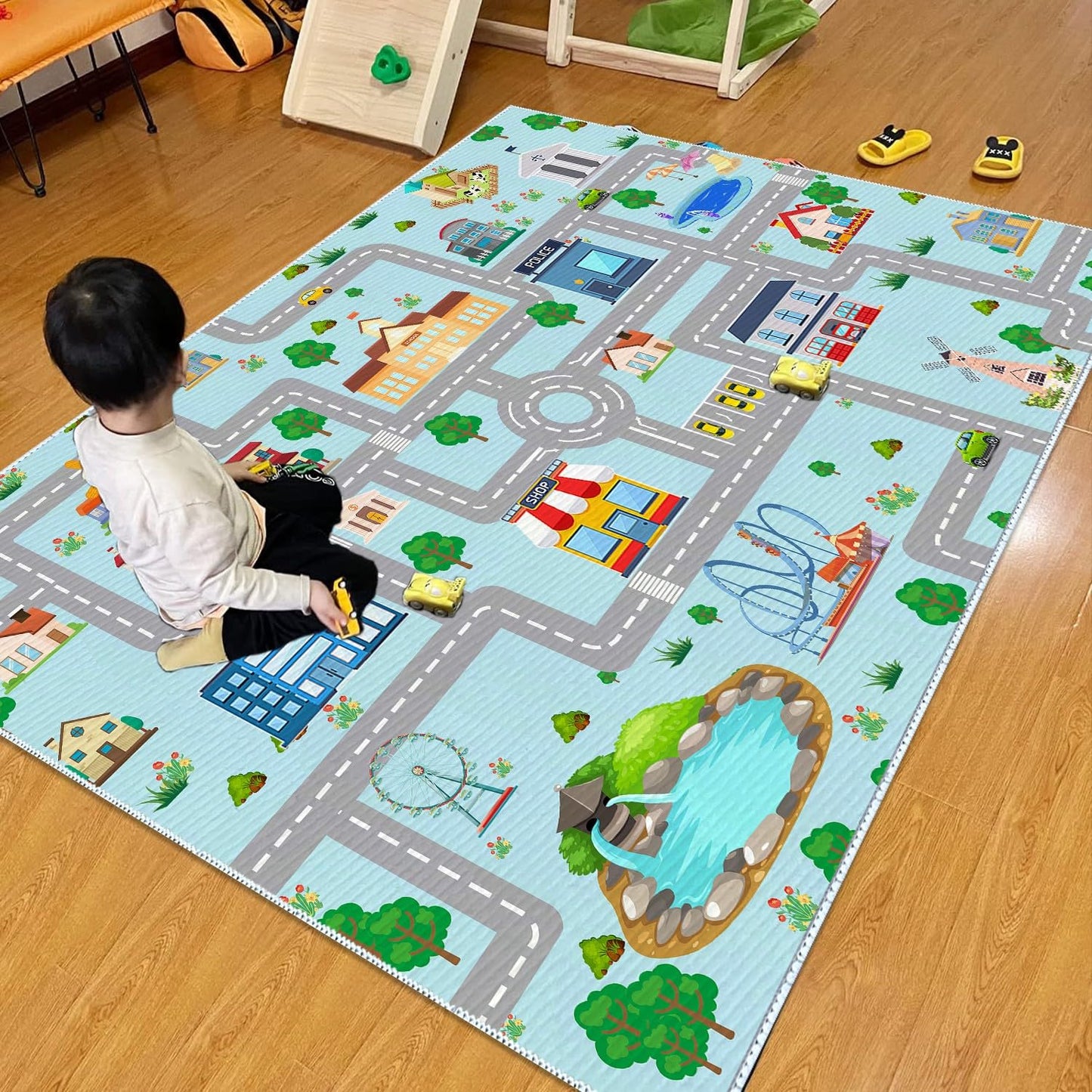 MLLgYq Kids Car Rug, 2' 7" x 4' City Life Traffic Road Playmat for Toy Cars Trains, Non-Slip Race Track Carpet Educational Fun Rugs for Boy and Girl Bedroom Nursery