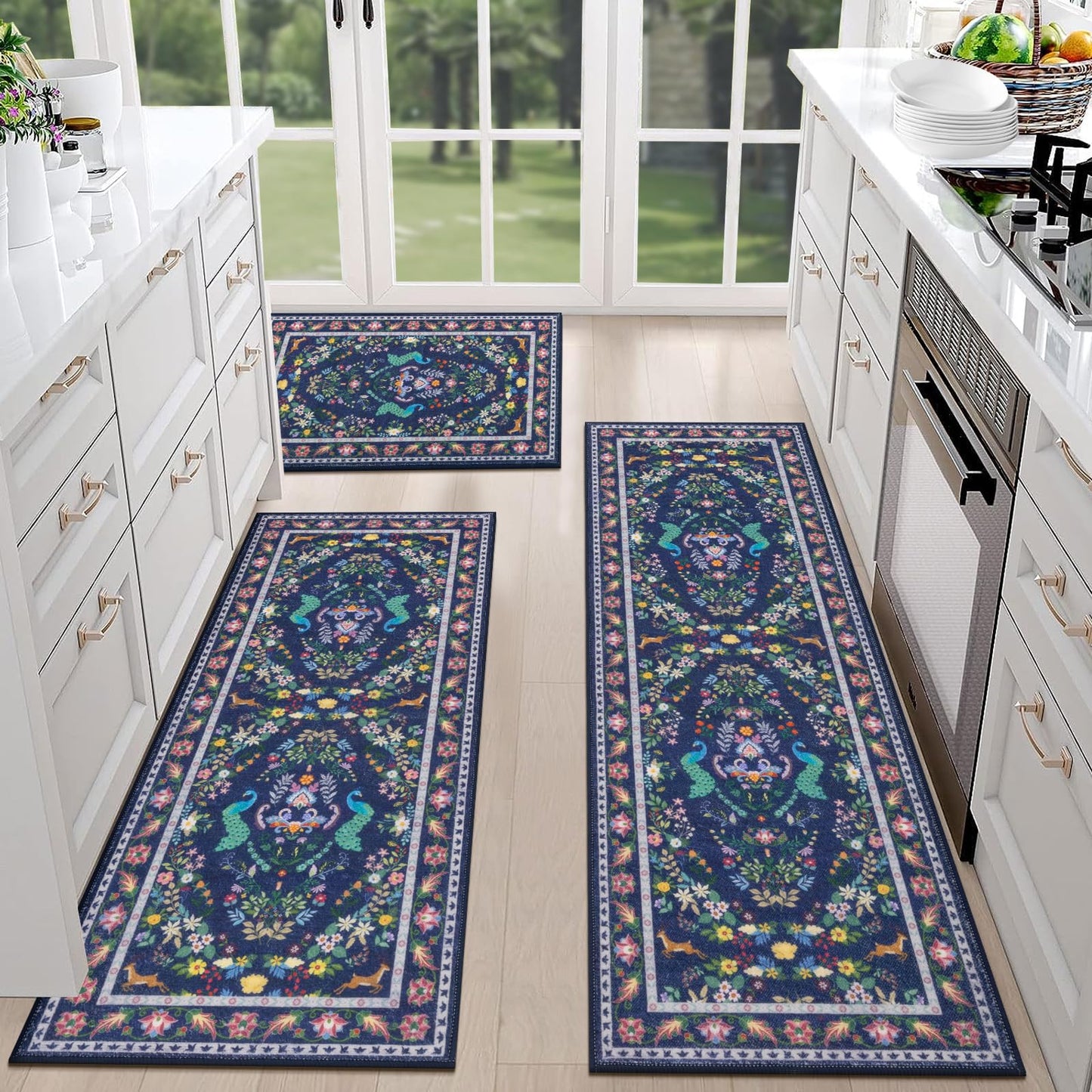 HEBE Washable Kitchen Rugs Sets of 3, Non Slip Absorbent Kitchen Rugs and Mats, Farmhouse Stain Resistant Kitchen Mat Carpet Runner for Kitchen Floor, Laundry Room, Hallway