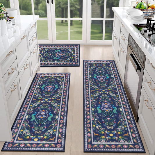 HEBE Washable Kitchen Rugs Sets of 3, Non Slip Absorbent Kitchen Rugs and Mats, Farmhouse Stain Resistant Kitchen Mat Carpet Runner for Kitchen Floor, Laundry Room, Hallway
