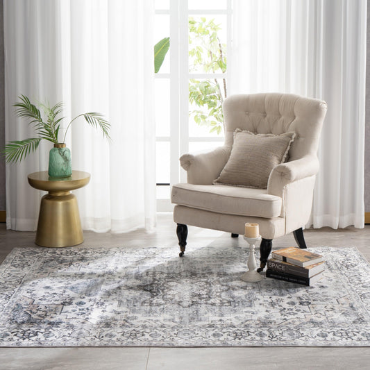 Syalife 3x5 Washable Area Rug, Ultra Soft Non-Slip, Low Pile, Stain Resistant Vintage Area Rug for Living Room, Boho Carpet for Bedroom, Dining Room, Office, Foldable Entryway Rugs, Grey/White