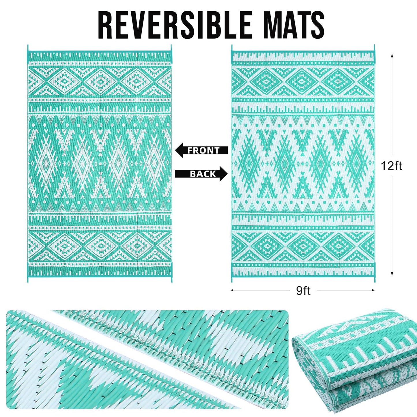 OLANLY Outdoor Rug Waterproof 9x12 ft, Reversible Outdoor Plastic Straw Rug, Boho Patio Rug, Indoor Outdoor Carpet, RV Mat Outside for Patio, Camp, Picnic, Balcony, Deck, Backyard, Turquoise & White