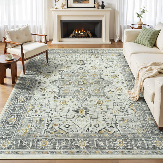 Vibrug Boho Taupe 5x7 Living Room Rug - Modern Vintage Eclectic Floral Pastel Neutral Grey Carpet, Washable Low Pile Non-Slip Extra Large Area Rugs for Dining Under Table, Bedroom, Nursery, Lounge