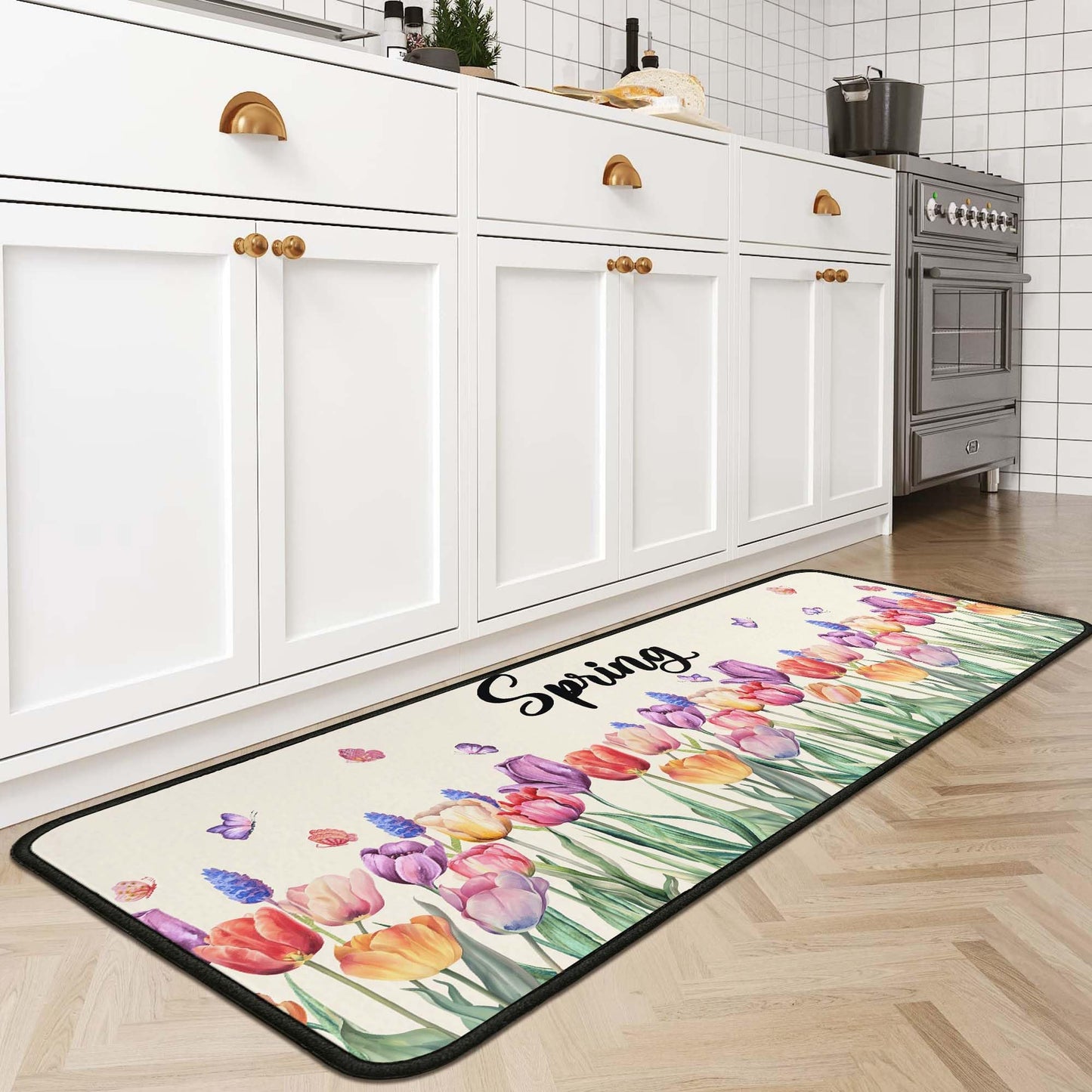 OUXIOAZ Tulip Floral Spring Decorative Kitchen Rugs Set of 2,Welcome Spring Summer Seasonal Holiday Decorations for Home Kitchen 17"x47"+17"x30"