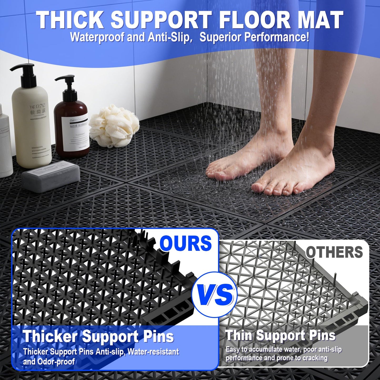 50 PCS Modular Interlocking Cushion Interlocking Floor Tiles with Hole Drainage Mat 10" x 10" Non Slip Pool Deck Mat Outdoor for Drain Deck Pool Patio Shower Kitchen Balcony (Black)
