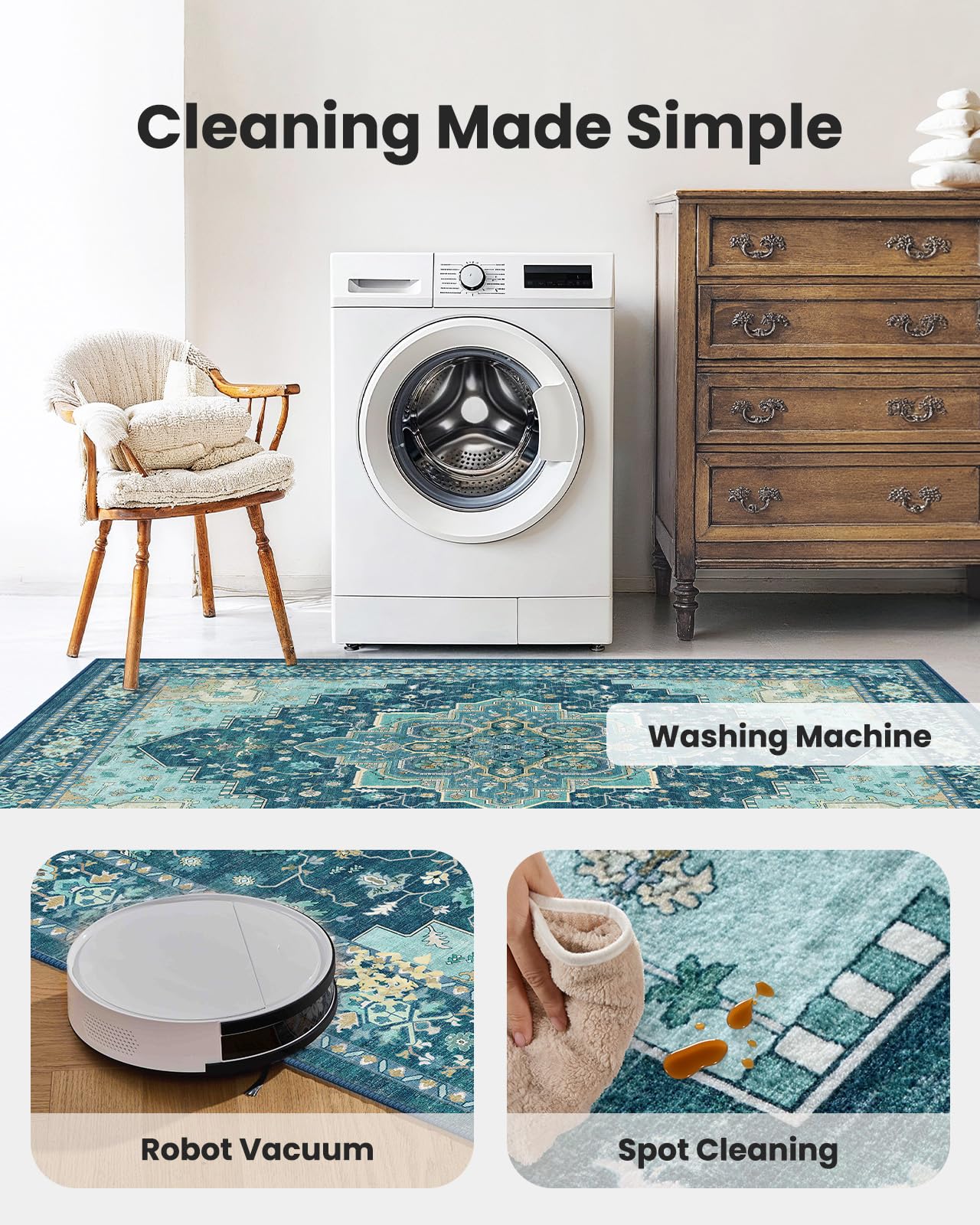 AMADA HOMEFURNISHING 8x10 Area Rug for Living Room, Vintage Washable Area Rug Low-Pile & Non-Slip Carpet for Bedroom Dining Room Nursery Home Office, Teal Blue