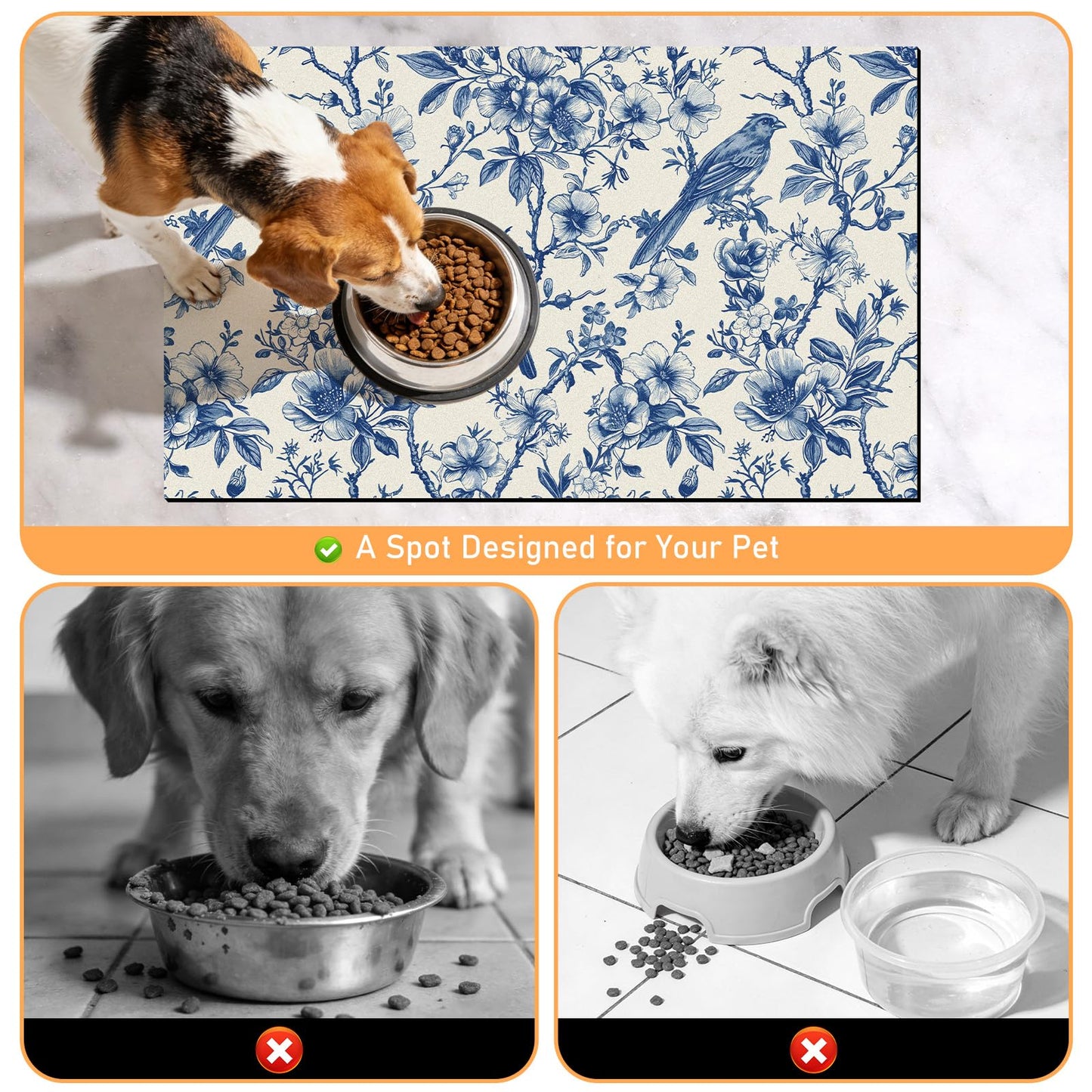 Hamdwerk Dog Cat Food Mat - Absorbent Quick Dry Dog Bowl Mats for Food and Water, Anti Slip Cat Feeding Placemat for Floors, Diatomite Pet Dish Matts Accessories Supplies, Floral Bird Style, 12*20in